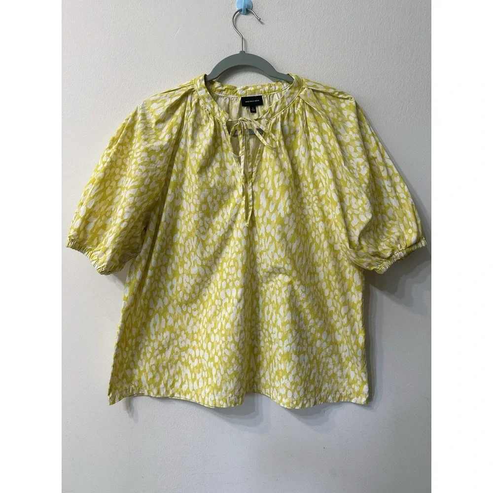 WhoWhatWear Blouse Womens Large Yellow White Animal Print Puff Sleeves Tie Back